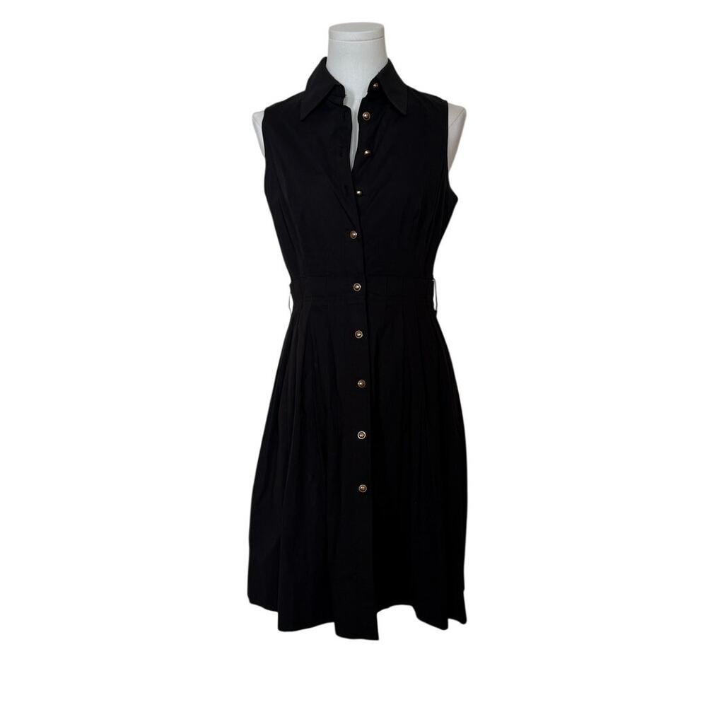 Shoshana Black Cotton Shirt Dress Sleeveless w/Optional Belt, Gold Accents - 4